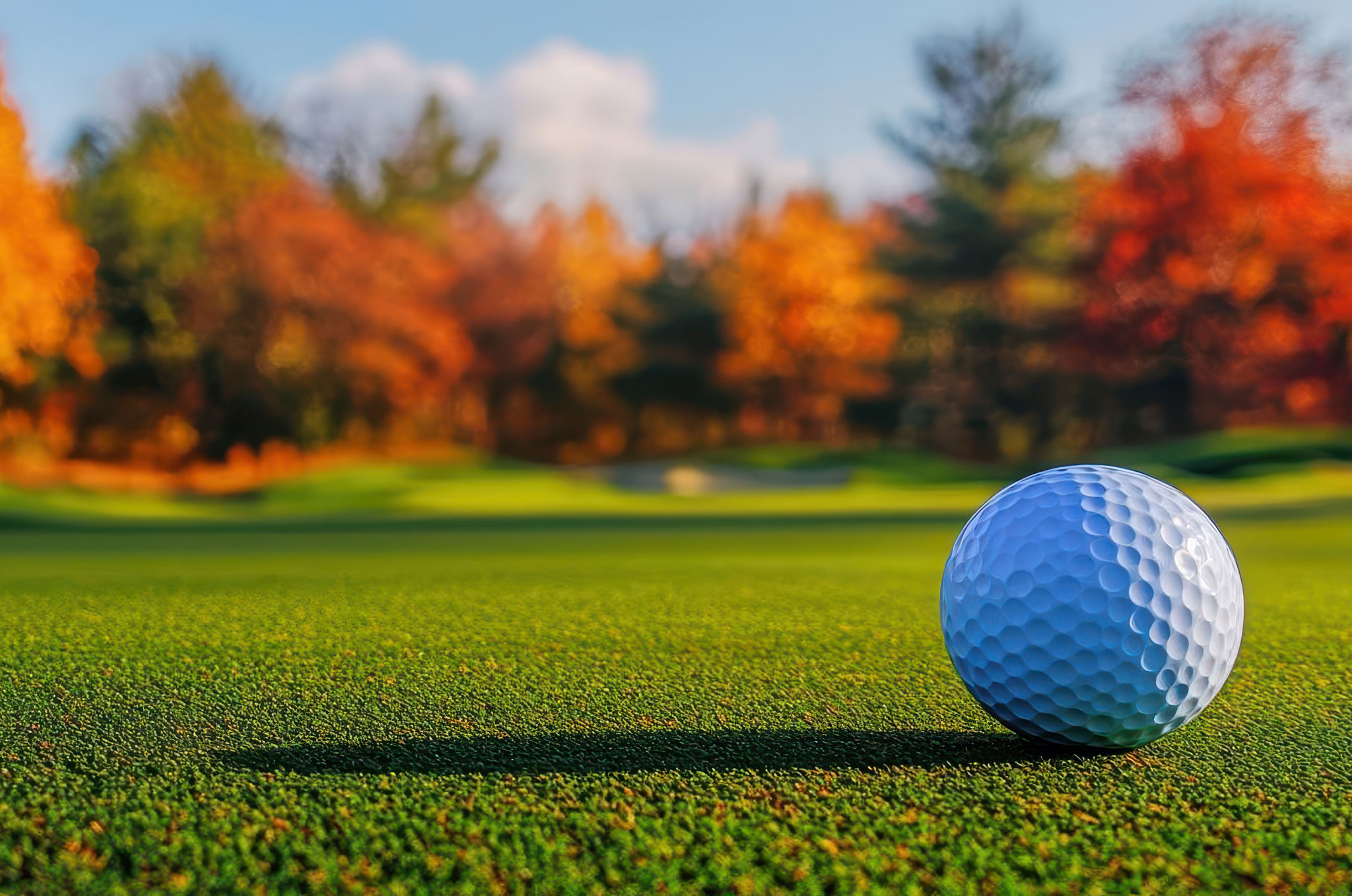 Golf Ball On The Green Of A Picturesque Autumn Course, Capturing The Tranquility Of Fall Sports, Golf Course Autumn